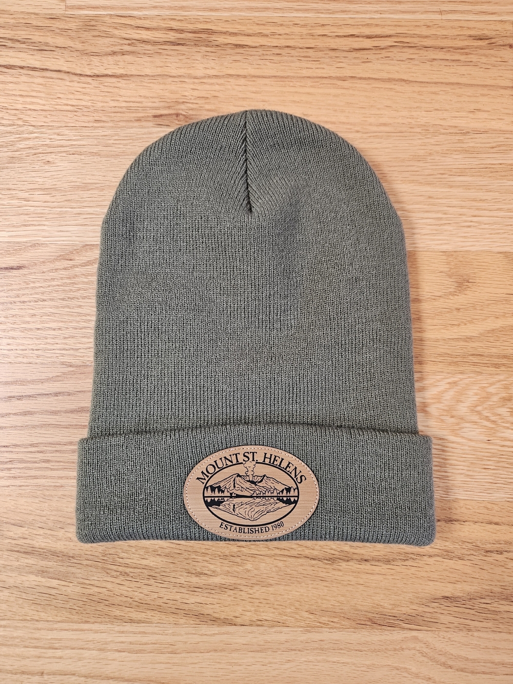 NEW Olive Green Knit Beanie with Branded "Mount ST. Helens" Patch